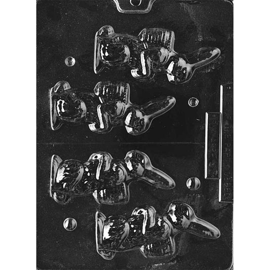 Clear plastic chocolate mold with bunny-and-basket cavities separated by a center line intended for cutting into two halves to create a two-piece 3D bunny mold.