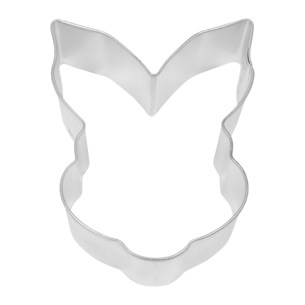 Metal bunny face cookie cutter with detailed ears and cheeks, displayed against a white background.