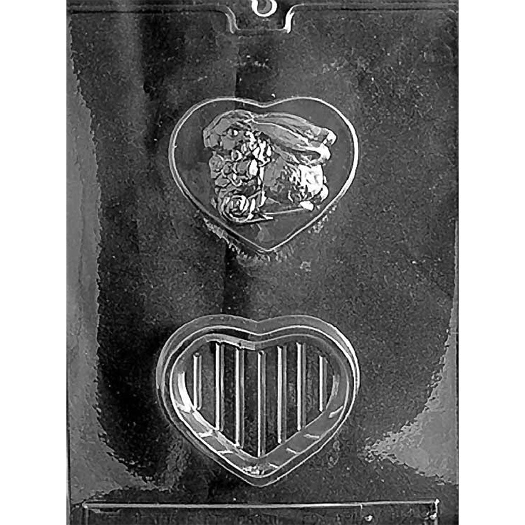 Two-cavity bunny on heart pour box chocolate mold with a decorated heart lid and matching base for making a 3 1/4 x 2 1/2 x 1 3/4-inch box