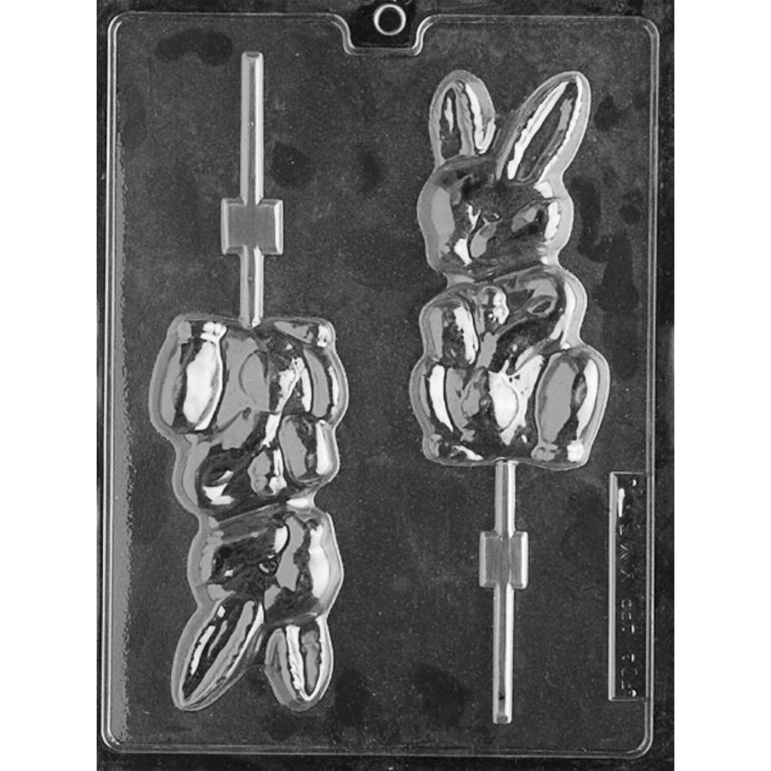 Clear Bunny with Erection Chocolate Lollipop Mold photographed against a black background, featuring two seated rabbit cavities holding exaggerated erections and channels for lollipop sticks.