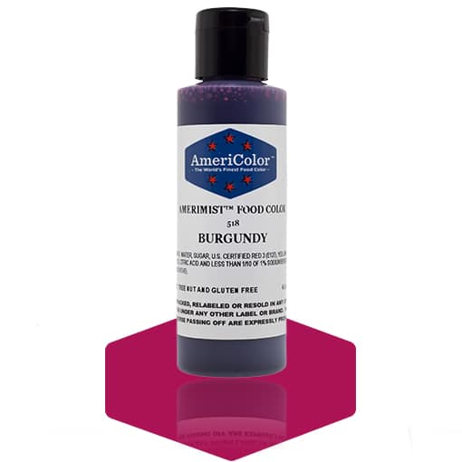 AmeriMist Burgundy airbrush food color bottle (4.5 oz) by AmeriColor, shown with a rich burgundy swatch beneath the bottle.