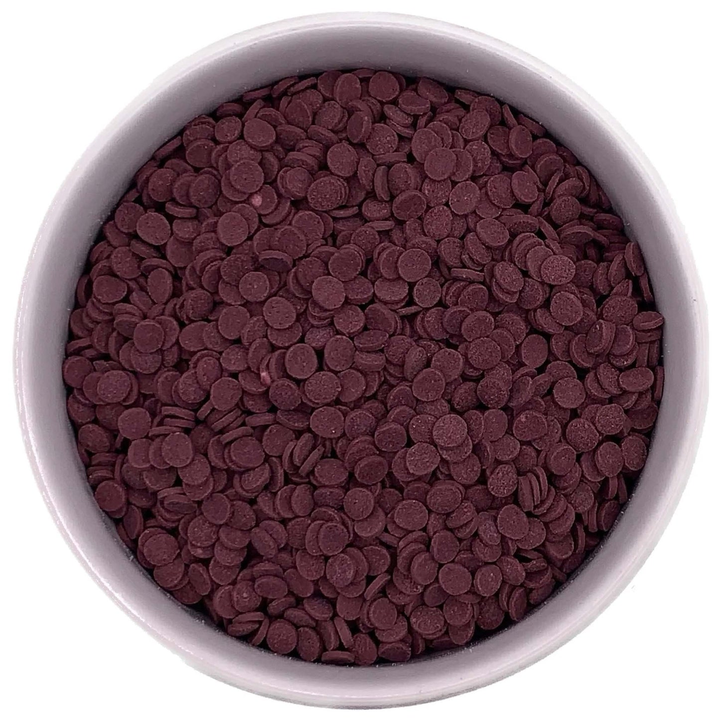 White bowl filled with small flat burgundy confetti sprinkles in a deep wine-red color, shown closely against a white background.
