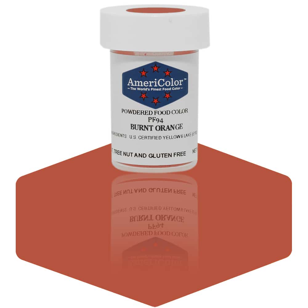 AmeriColor Burnt Orange powdered food coloring 3 gram container with warm orange powder for fall-themed desserts.