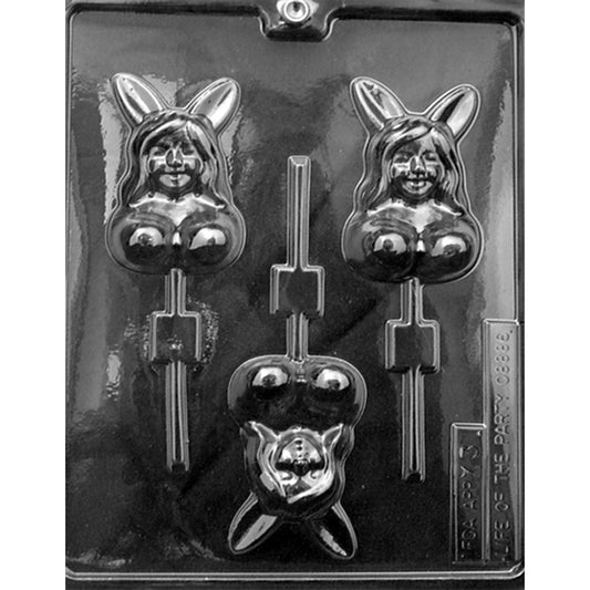 Clear Topless Lady with Bunny Ears Chocolate Lollipop Mold photographed against a dark background, showing three cavities of a topless woman with long bunny ears, hair, facial features, and lollipop stick channels.