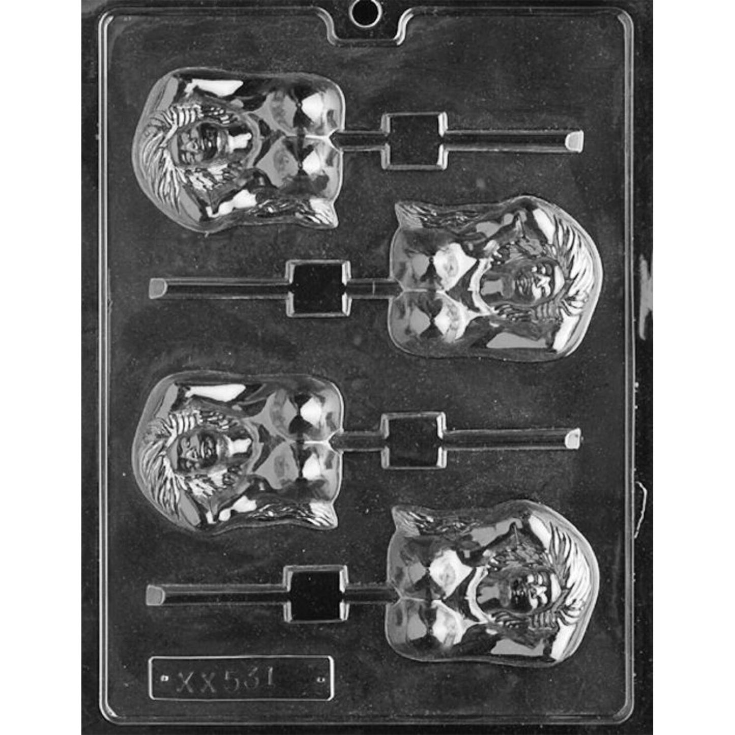 Clear plastic chocolate lollipop mold photographed against a black background, featuring four detailed cavities shaped like busty women with long hair and sculpted facial features.