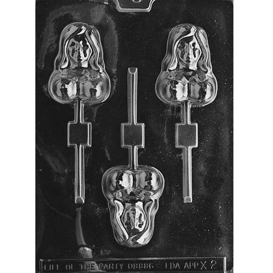 Clear Busty Dolly Chocolate Lollipop Mold photographed against a black background, showing three topless female bust cavities with flowing hair, facial details, and lollipop stick channels.