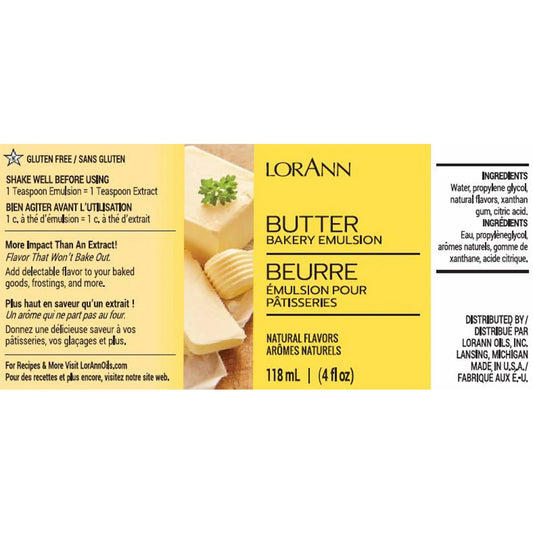 Product label for LorAnn Butter Bakery Emulsion, featuring a photo of butter sticks and parsley garnish. Text highlights include “More Impact Than An Extract,” 1 tsp emulsion = 1 tsp extract, and natural flavor ingredient listing. Ideal for cookies, cakes, and frostings.