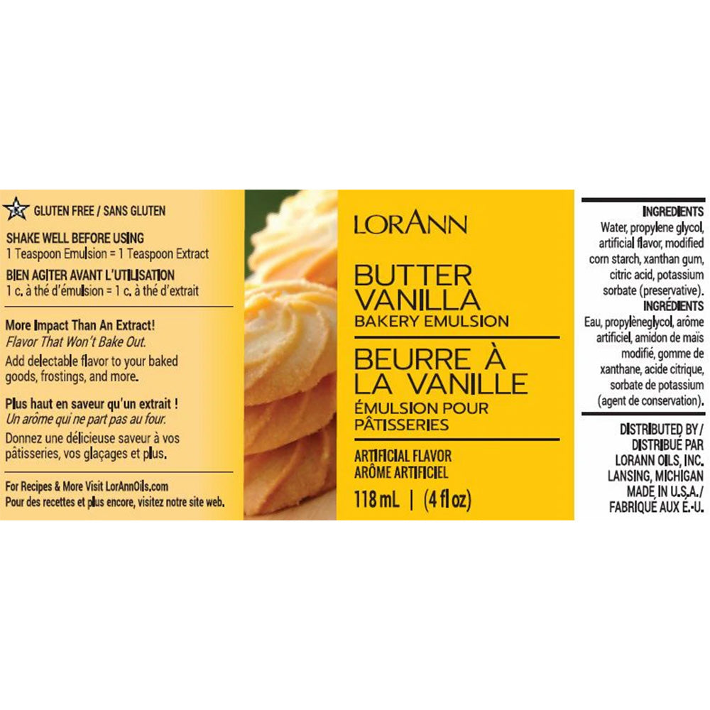 Label for LorAnn Butter Vanilla Bakery Emulsion with an image of golden shortbread cookies. The label states it’s an artificial flavor, and text emphasizes its rich, balanced flavor perfect for baking and icing.