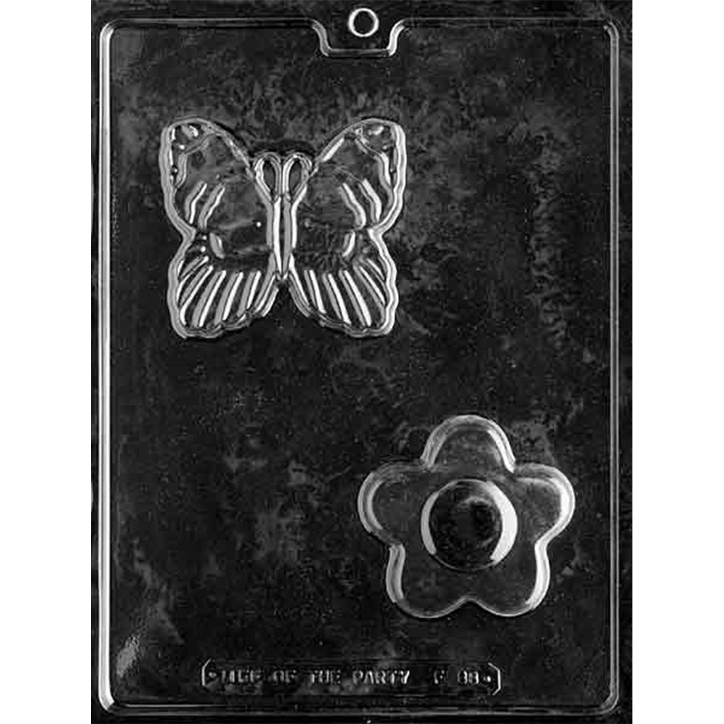 Clear plastic Butterfly & Flower Chocolate Mold with one detailed butterfly cavity and one five-petal flower cavity with a round center