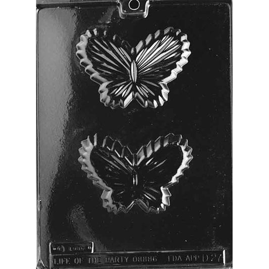 Clear plastic chocolate mold with two butterfly-shaped candy dish cavities, featuring detailed wing patterns and a shallow bowl shape, shown on a dark background.