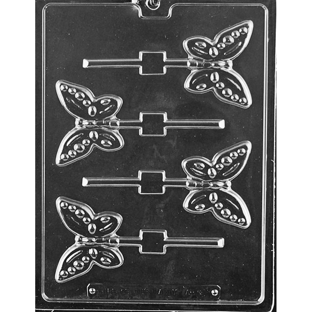Clear plastic chocolate lollipop mold with four butterfly-shaped cavities, each with raised wing markings and a stick channel extending from the body.