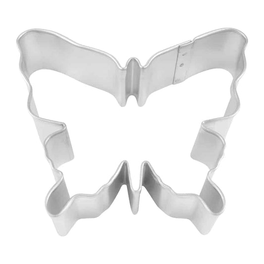 Tinplated steel butterfly-shaped cookie cutter with intricate wing details.