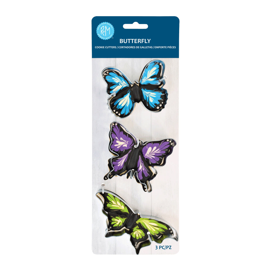 Packaged 3-piece butterfly cookie cutter set with colorful butterfly designs (blue, purple, and green) on the front of the package.