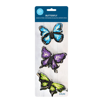 Packaged 3-piece butterfly cookie cutter set with colorful butterfly designs (blue, purple, and green) on the front of the package.