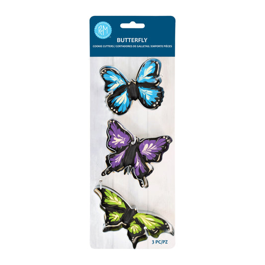 Packaged 3-piece butterfly cookie cutter set with colorful butterfly designs (blue, purple, and green) on the front of the package.