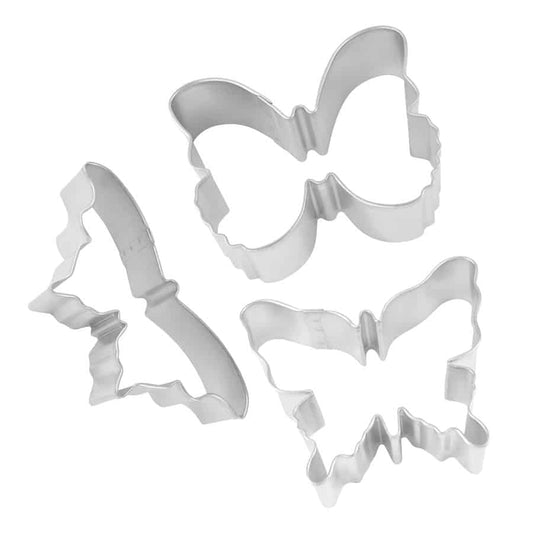 Three silver metal butterfly cookie cutters in varying shapes and sizes, arranged on a white background.