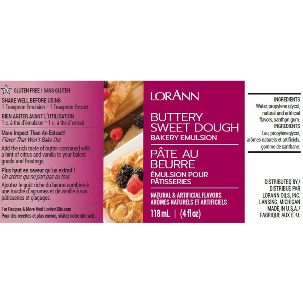 LorAnn Buttery Sweet Dough Bakery Emulsion label showcasing a baked Danish pastry with berries. Features bold magenta color and text promoting a buttery flavor with hints of citrus and vanilla. Ingredients and usage instructions included.