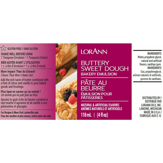 LorAnn Buttery Sweet Dough Bakery Emulsion label showcasing a baked Danish pastry with berries. Features bold magenta color and text promoting a buttery flavor with hints of citrus and vanilla. Ingredients and usage instructions included.