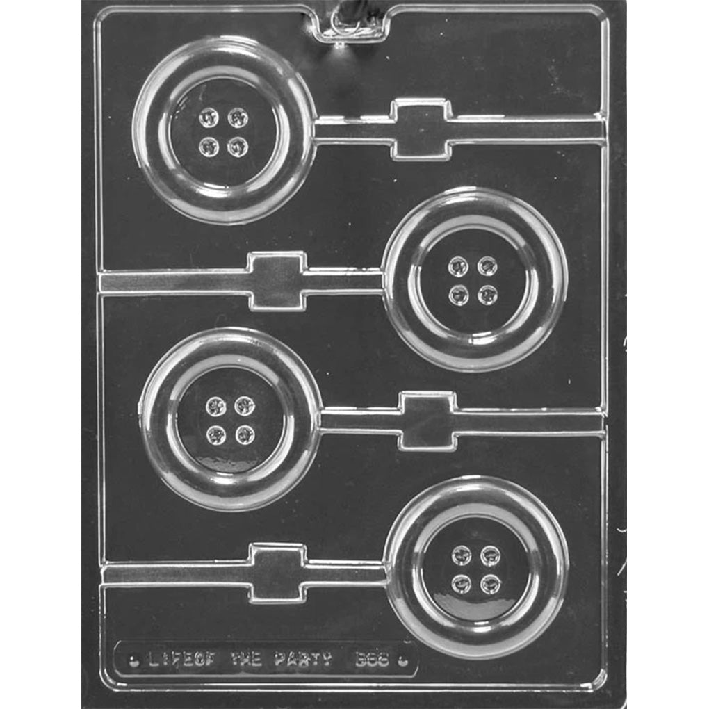 Clear plastic chocolate lollipop mold with four round button-shaped cavities, each featuring four stitch holes and a stick channel, shown on a dark background.