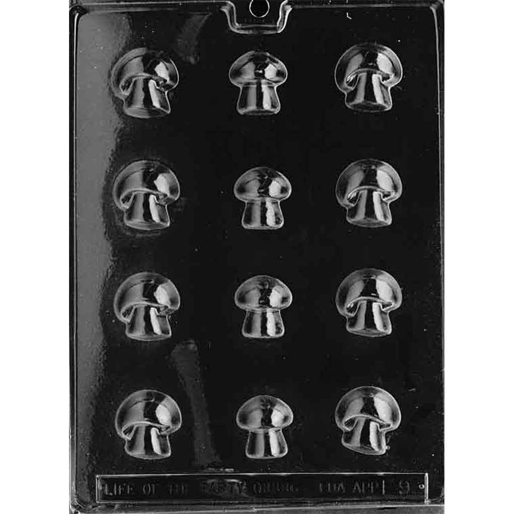 Clear plastic chocolate mold with 12 small button mushroom-shaped cavities featuring rounded caps and short stems for making bite-sized mushroom chocolates.