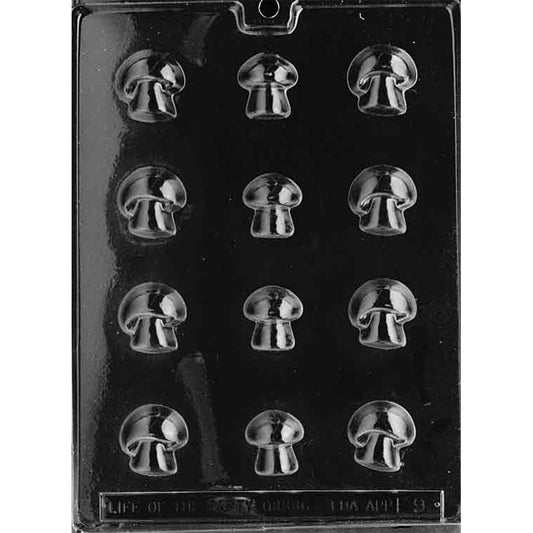 Clear plastic chocolate mold with 12 small button mushroom-shaped cavities featuring rounded caps and short stems for making bite-sized mushroom chocolates.