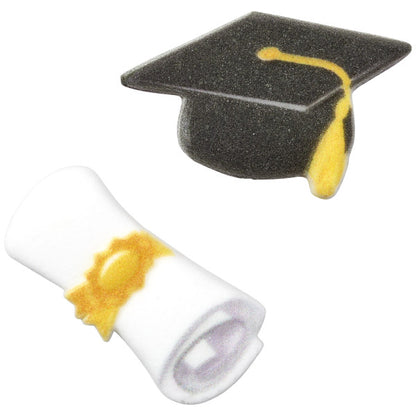 Graduation cap and diploma scroll pressed sugar decorations, including a black cap with a gold tassel and a white scroll with a gold seal, shown on a white background.