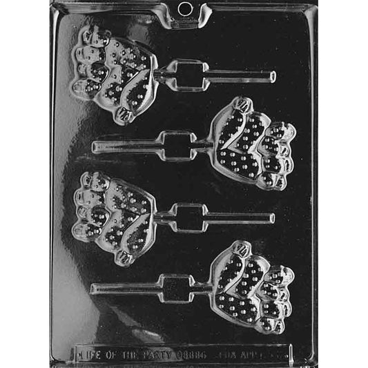Clear plastic chocolate lollipop mold with four cactus-shaped cavities featuring dotted cactus texture, small flower details, and stick channels.