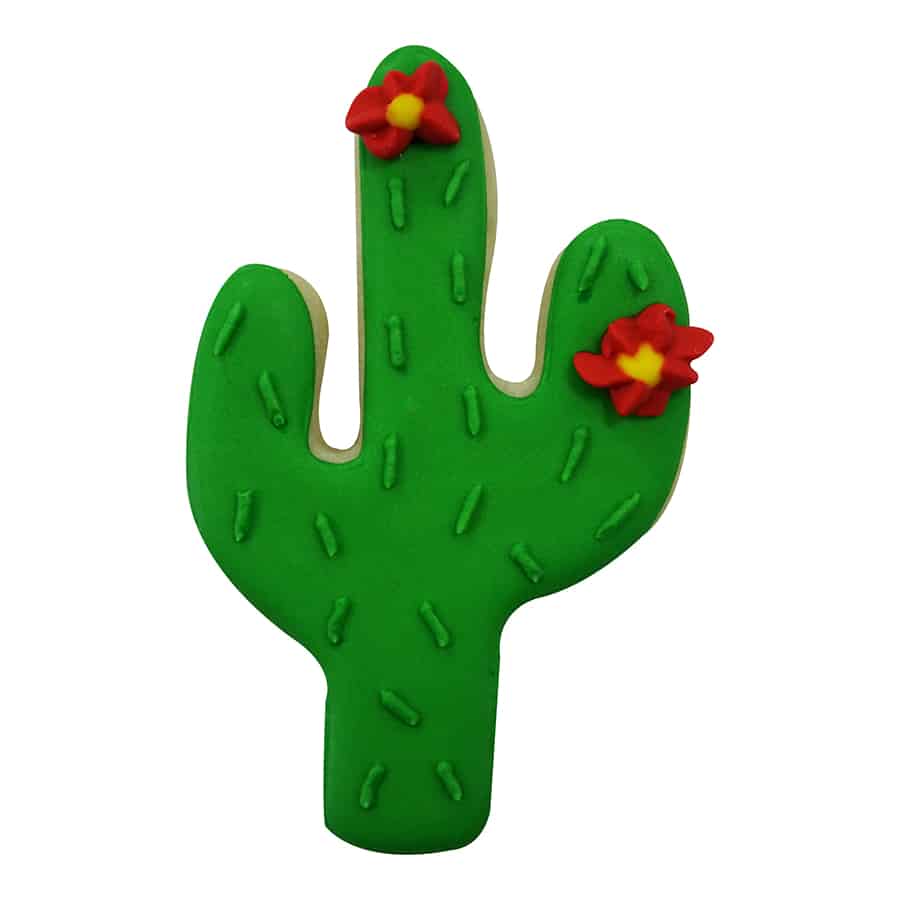 Decorated cactus-shaped sugar cookie with green icing, piped texture details, and red sugar flowers.