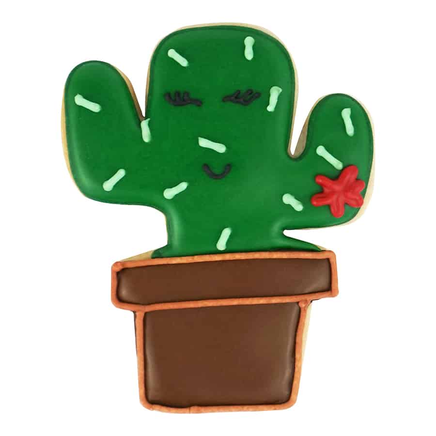 Decorated cactus cookie with green icing, spiky details, a smiling face, and a terracotta-colored pot.