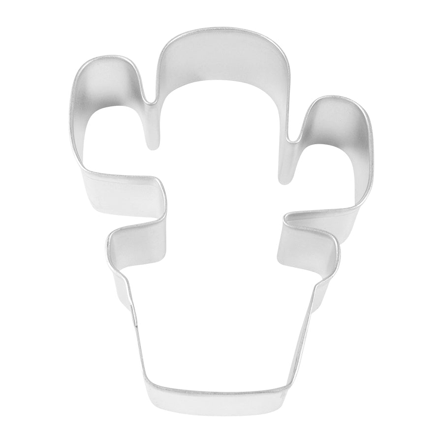 Top-down view of a cactus in pot-shaped metal cookie cutter with detailed arms and a pot base.