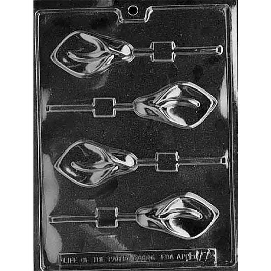 Calla lily chocolate lollipop mold with four 3 1/8 x 1 3/4 x 1/2-inch flower cavities featuring curved petals, defined centers, and stick channels