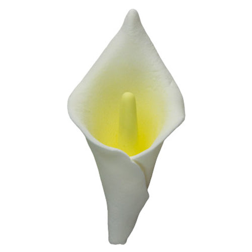 White gum paste calla lily flower with a yellow center, measuring 4 inches tall; unwired and sold in a 2-pack for cake decorating.