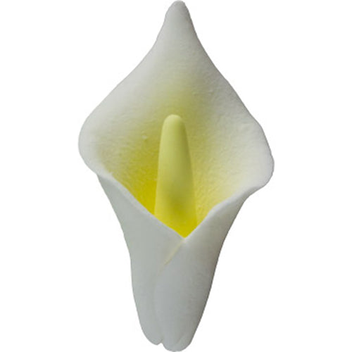 Single white gum paste calla lily flower with a yellow center, shown upright on a white background.