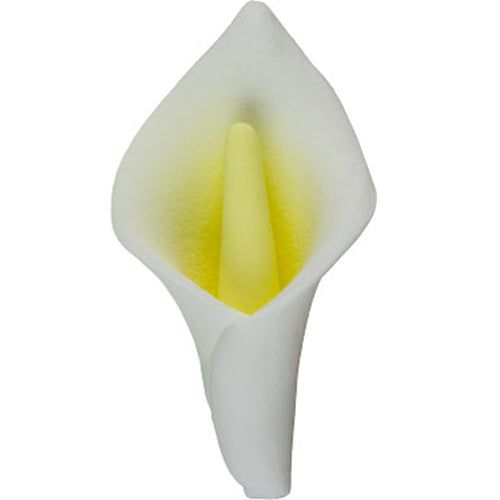 Gum paste calla lily with smooth white petals and a soft yellow center, 2.5 inches tall, for cake decorating.