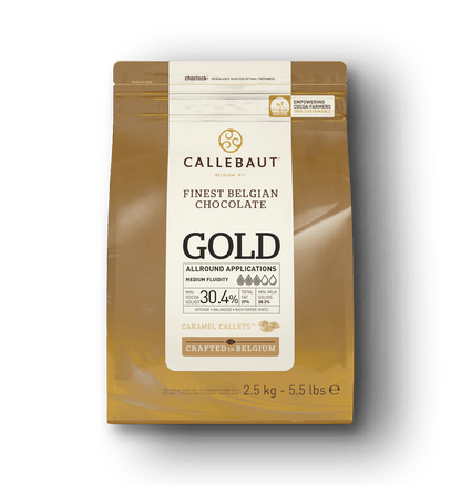 Bag of Callebaut Finest Belgian Gold Chocolate Callets, 2.5 kg (5.5 lbs), for all-round applications.