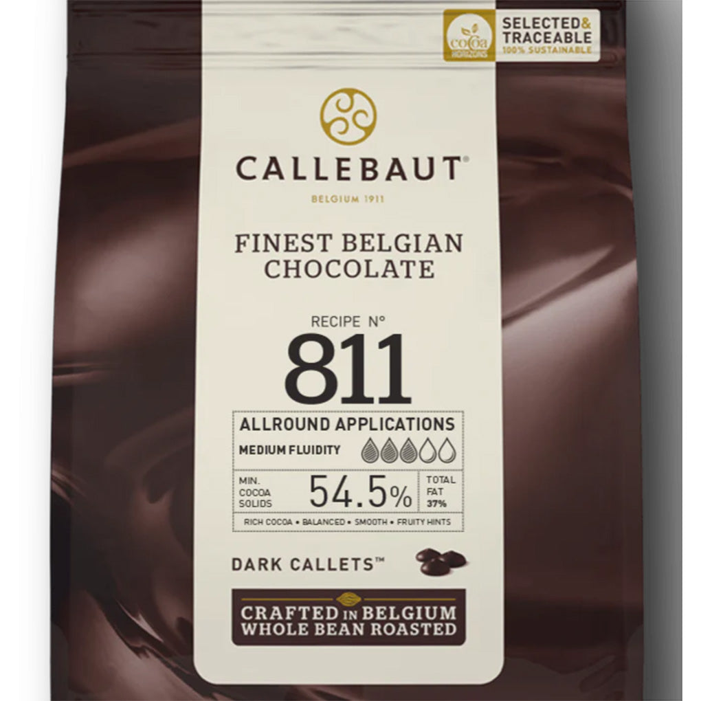 Bag of Callebaut Finest Belgian Dark Chocolate Callets, with 54.5% cocoa solids, for all-round applications.