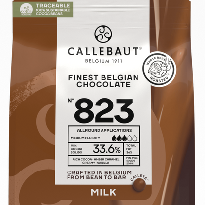 Callebaut Finest Belgian Chocolate No. 823 package, 33.6% cocoa solids, crafted in Belgium from bean to bar.