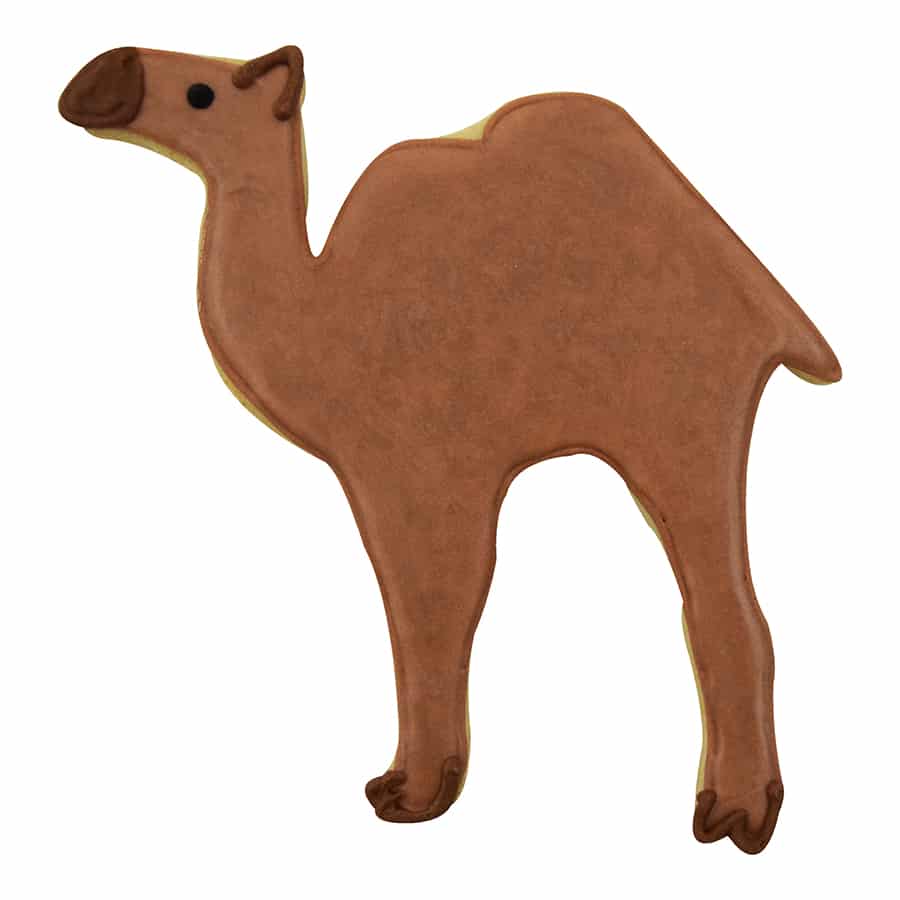 Decorated camel-shaped cookie with brown icing and darker accents for hooves, nose, and eyes.