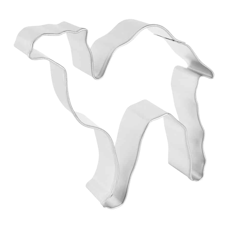 Side view of a metal camel cookie cutter, showcasing its depth and intricate shape.