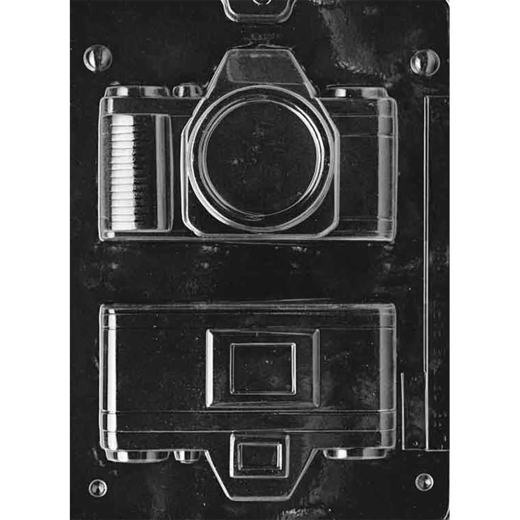 Clear 3D chocolate mold with two camera-shaped cavities, including a front with a large round lens and a matching back half.