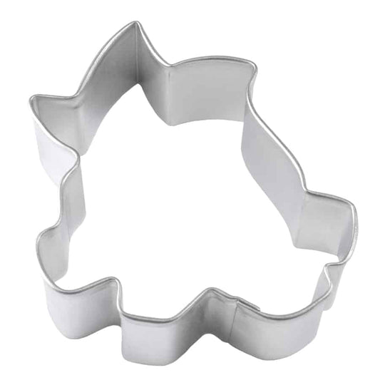 Campfire-shaped cookie cutter made of silver metal, showing its flame and log design.