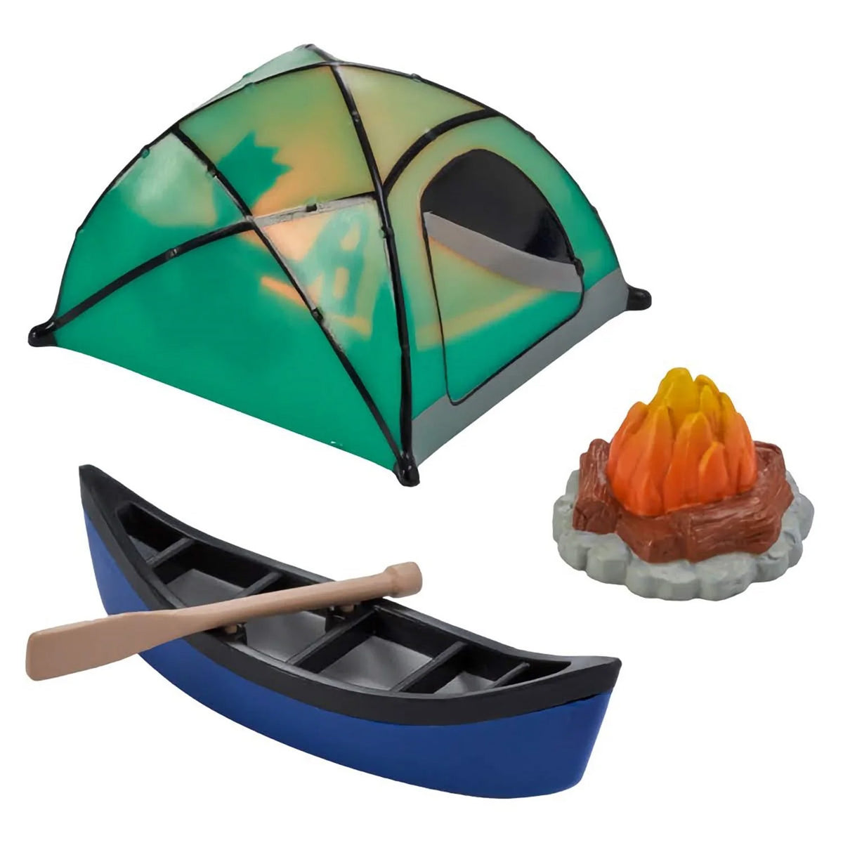 Camping cake decorations with a green dome tent, orange campfire, blue-and-black canoe, and separate tan paddle