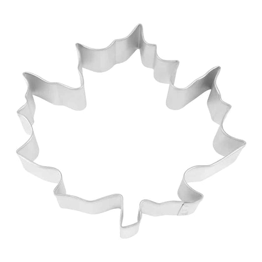 Top-down view of a maple leaf-shaped cookie cutter with defined edges and a classic leaf design.