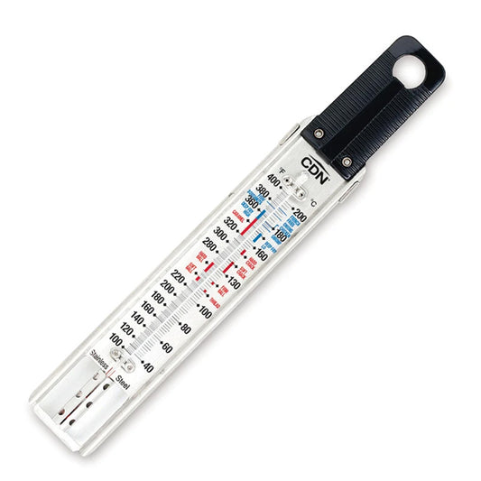 CDN candy and deep-fry ruler thermometer with a color-coded Fahrenheit and Celsius temperature guide