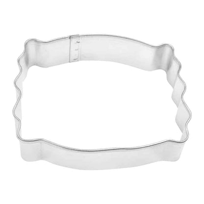 Candy Bar Cookie Cutter, 3.375 inches, silver metal, top view showcasing wavy wrapper-like edges.