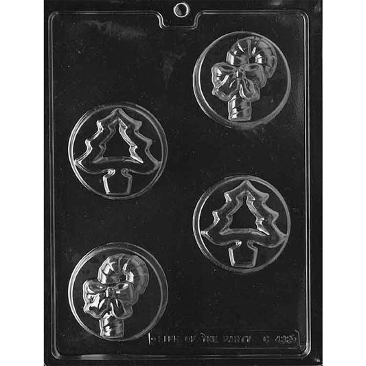 Clear plastic Christmas chocolate mold with four round bar cavities featuring two decorated trees and two candy cane bundles tied with bows