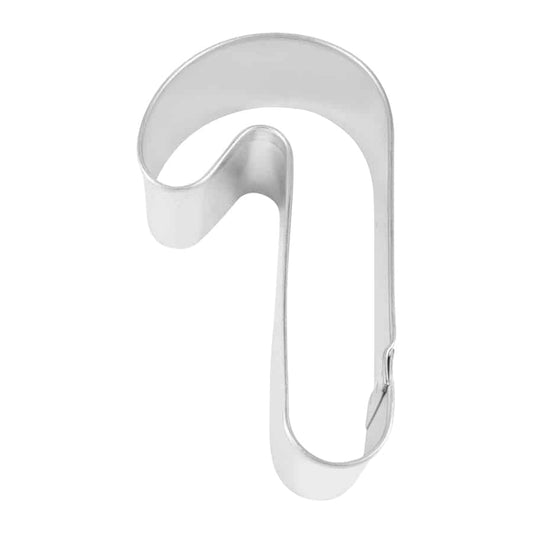 Metal candy cane-shaped cookie cutter with a smooth, curved design.