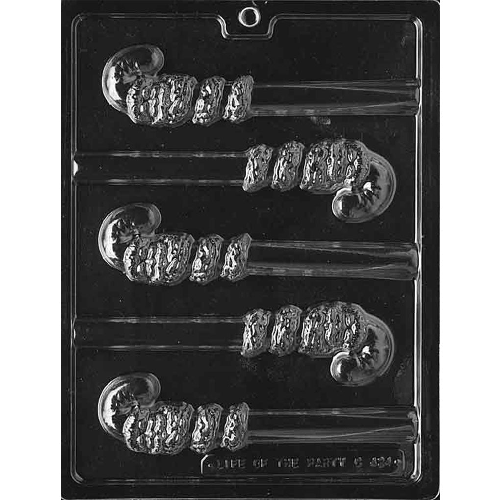 Clear plastic Candy Cane Santa Pretzel Chocolate Mold with five cavities featuring Santa faces, hooked candy cane tops, and channels for pretzel rods