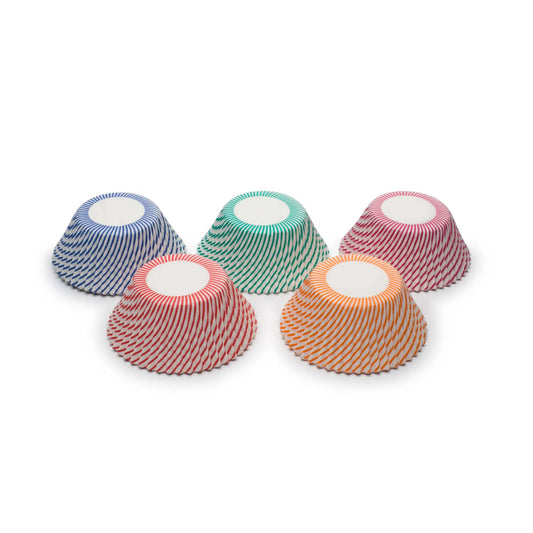 Colorful striped cupcake liners in blue, green, red, orange, and pink arranged upside down on a white background.