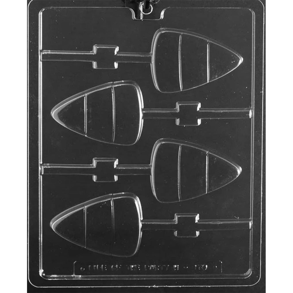 Clear plastic chocolate lollipop mold with four large candy corn shaped cavities, each with striped sections and a stick channel.